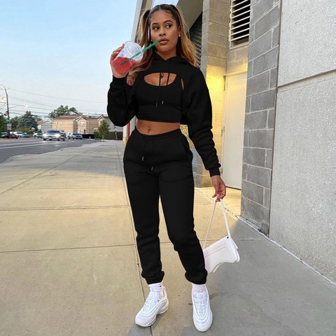 Women Casual Fleece Lined Solid Color Hooded Crop Top Vest And Sweatpants Fashion Streetwear Tracksuit Set