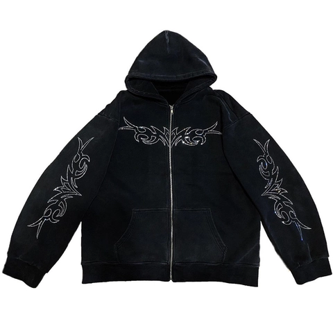 Felpa con Cappuccio da Uomo Y2K Streetwear Strass Motivo Tribale Full Zip Gothic Stampa Lettere Tessuto a Nido d'Ape