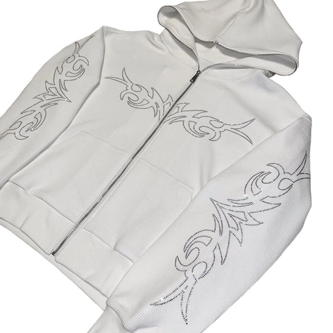 Felpa con Cappuccio da Uomo Y2K Streetwear Strass Motivo Tribale Full Zip Gothic Stampa Lettere Tessuto a Nido d'Ape