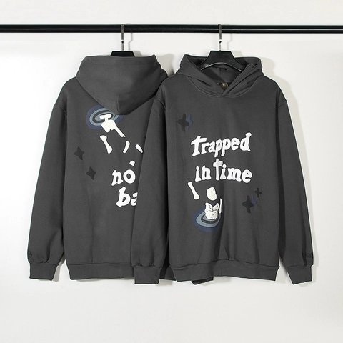 Felpa con Cappuccio Streetwear Trapped In Time Puff Print Uomo Hip Hop Graffiti Fleece Cotone Oversize