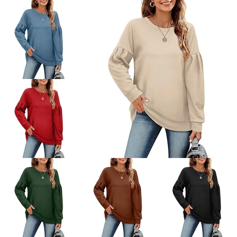 Felpa da Donna Casual con Girocollo e Maniche a Lanterna Tinta Unita Patchwork Pullover Top per Autunno Inverno Moda