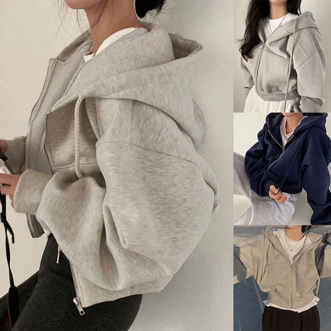 Women's Oversized Zip Up Hoodie Long Sleeve Drop Shoulder Sweatshirt Casual Loose Solid Color Hooded Jacket with Pockets