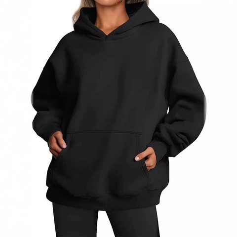 Women Casual Oversized Hoodie Long Sleeve Pullover With Kangaroo Pocket Dropped Shoulder Solid Color Hooded Sweatshirt Top