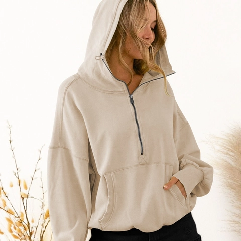 Women Casual Half Zip Hoodie Oversized Drop Shoulder Sweatshirt With Kangaroo Pocket Long Sleeve Sporty Hooded Pullover Top