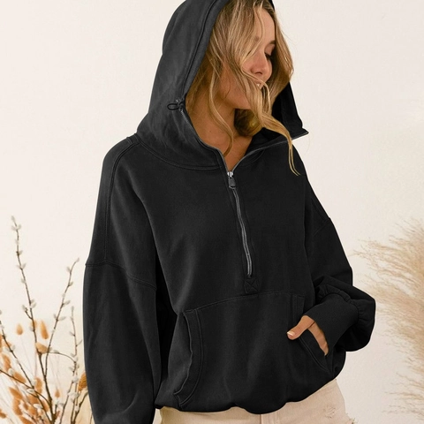 Women Casual Half Zip Hoodie Oversized Drop Shoulder Sweatshirt With Kangaroo Pocket Long Sleeve Sporty Hooded Pullover Top