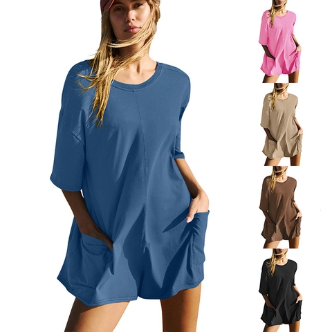 Combishort Décontracté en Coton à Manches Courtes Dos Nu Col en V Ample Avec Poches Combinaison d'Été pour Femmes Top And Bottom