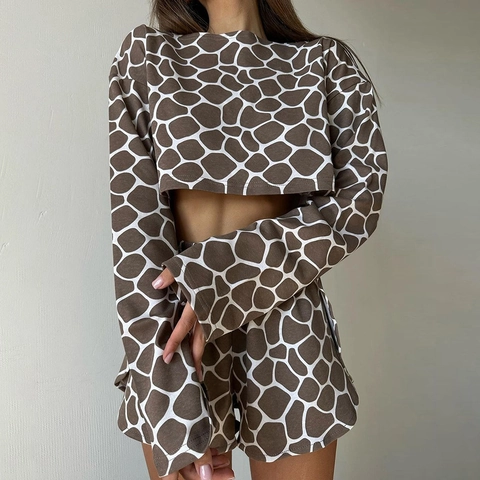 Γυναικείο Giraffe Print Loungewear Συνδυασμός Στρογγυλή Λαιμόκοψη Crop Μακρύ Μανίκι Top Και Ελαστική Μέση Shorts Casual Home Service