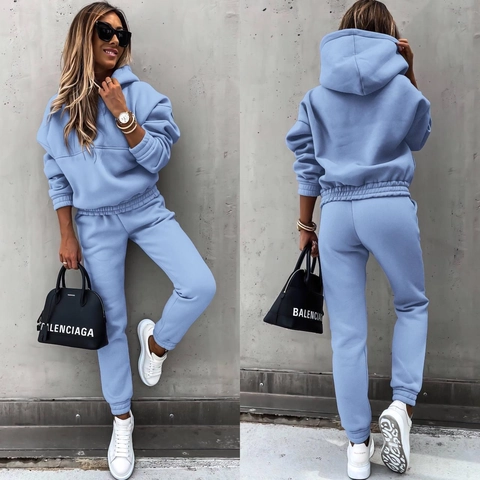 Women Casual Polyester Fleece Hooded Sweatshirt And Joggers Top And Bottom Long Sleeve Solid Sportswear Loungewear Set