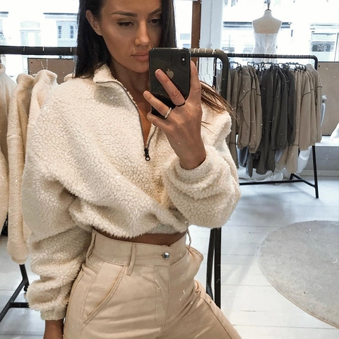 Women's Casual Sherpa Fleece Half Zip Pullover Sweatshirt Cropped Loose Stand Collar Long Sleeve Jacket For Daily Wear