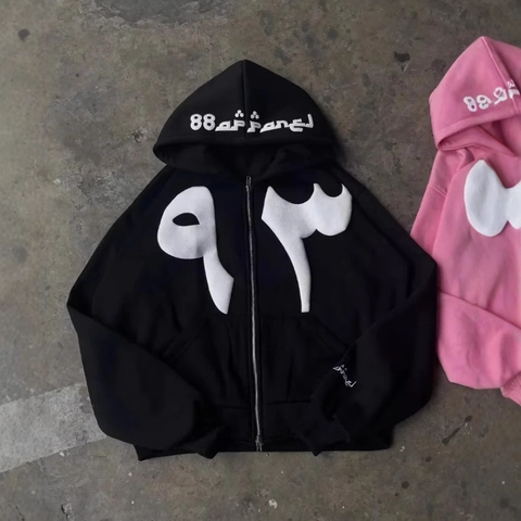 Women Y2K Punk Zip Up Hoodie Oversized Streetwear Fleece Sweatshirt With Letter Print Hooded Jacket For Casual Outing