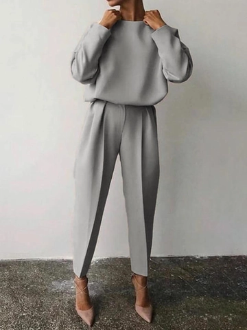 Completo Casual da Donna in Due Pezzi Tinta Unita Felpa a Maniche Lunghe e Pantaloni a Gamba Dritta a Vita Alta