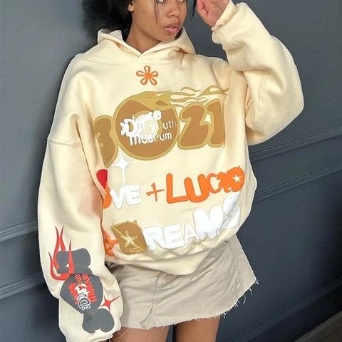 Damen Oversized Streetwear Hoodie Vintage Schaum Buchstabendruck Drop Shoulder Kapuzenpullover Casual Langarm Oberteil