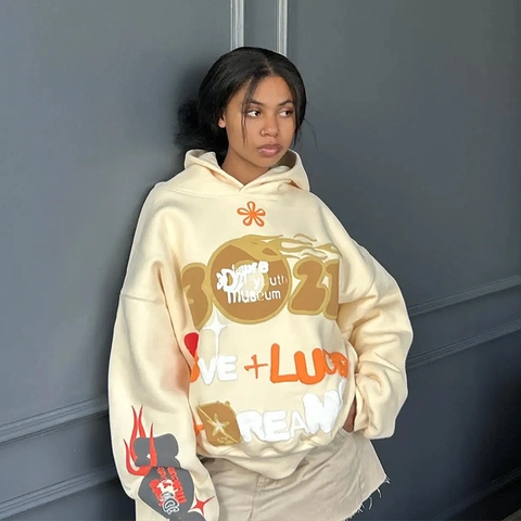 Damen Oversized Streetwear Hoodie Vintage Schaum Buchstabendruck Drop Shoulder Kapuzenpullover Casual Langarm Oberteil