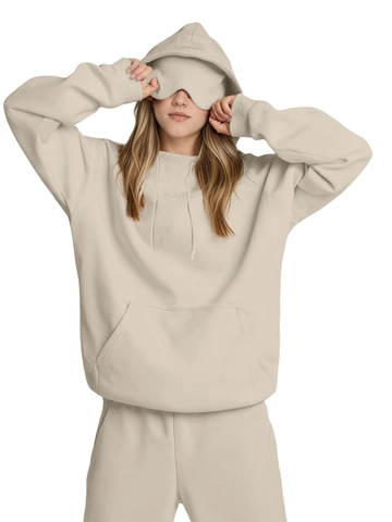 Women Oversized Fleece Hoodie Integrated Eye Mask Zip Sleeve Pocket Solid Color Casual Hooded Sweatshirt Top