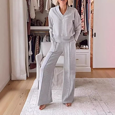 Damen Casual Baumwollmischung Zweiteiler Set V-Ausschnitt Langarm Top Und Weites Bein Hose Einfarbig Lounge Wear