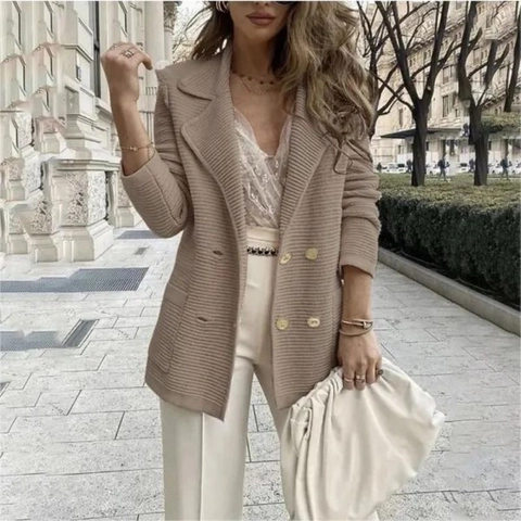 Dames Elegante Double Breasted Geribde Gebreide Blazer Revers Lange Mouwen Jas Met Gouden Knopen Casual Kantoor Mantel