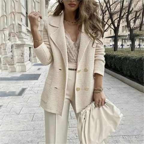 Dames Elegante Double Breasted Geribde Gebreide Blazer Revers Lange Mouwen Jas Met Gouden Knopen Casual Kantoor Mantel