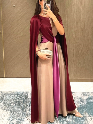Elegante Mono de Noche con Diseño de Capa Patchwork de Satén Bloque de Color Vestido para Mujer Gala Fiesta Boda Ropa Formal