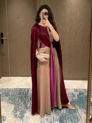 Elegante Mono de Noche con Diseño de Capa Patchwork de Satén Bloque de Color Vestido para Mujer Gala Fiesta Boda Ropa Formal