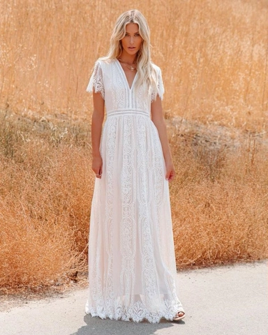 Women Elegant V-Neck Lace Mesh Maxi Dress Bohemian Short Sleeve Splicing White Pink Wedding Party Long Dress