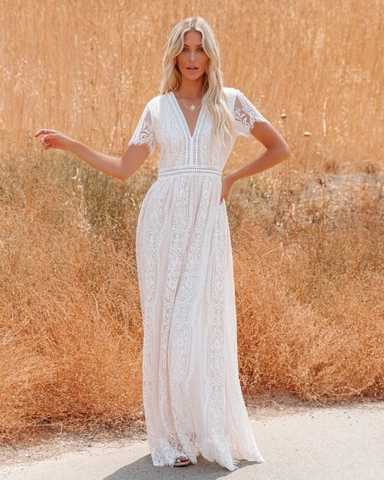 Women Elegant V-Neck Lace Mesh Maxi Dress Bohemian Short Sleeve Splicing White Pink Wedding Party Long Dress