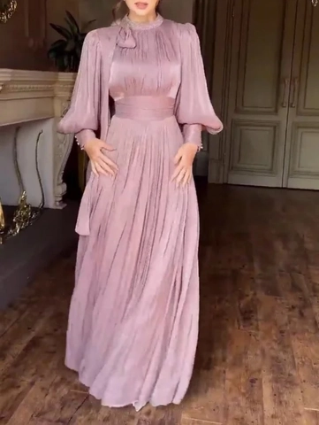 Women Elegant Dust Pink Rhinestone Pleated Evening Gown High Neck Lantern Long Sleeve Maxi Dress For Wedding Banquet