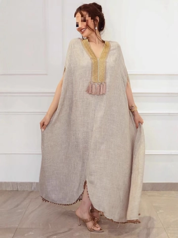 Robe Longue Caftan Bohème pour Femmes Col en V Brodé Manches Longues Gland en Poliestere Coupe Ample Style Ethnique