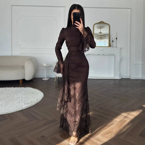 Elegant Floral Lace Bodycon Evening Dress Women Polyester High Neck Bell Sleeve Maxi Gown For Wedding Party Social Events