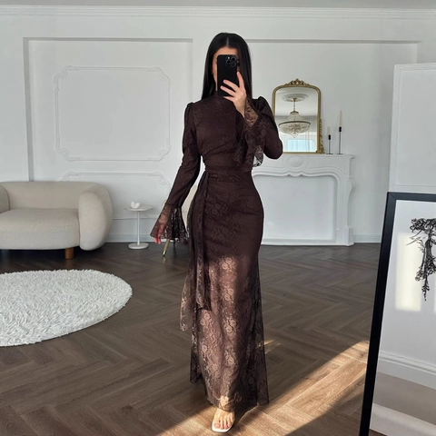 Elegant Floral Lace Bodycon Evening Dress Women Polyester High Neck Bell Sleeve Maxi Gown For Wedding Party Social Events