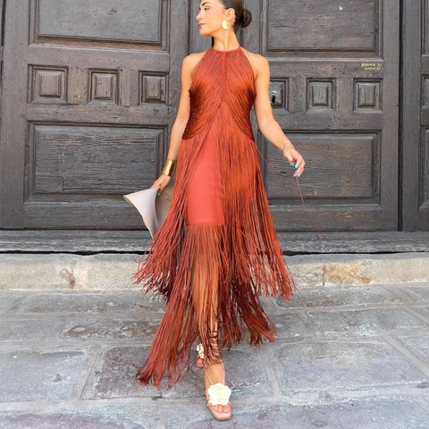 Women Halter Neck Tassel Fringe Maxi Dress Elegant Sexy Backless Solid Color Party Evening Gown Banquet Vacation Clothing