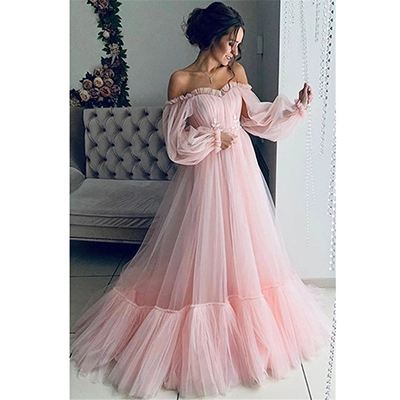 Women Elegant Off-Shoulder Tulle Mesh Long Sleeve Wedding Dress Sweet Mesh Puff Sleeve Evening Party Gown A-Line Gown