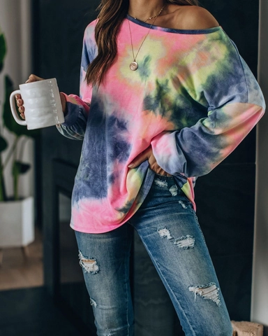 Women's Casual Tie Dye Waffle Knit Sweatshirt Loose Drop Shoulder Long Sleeve Pullover Multicolor Oversized Homewear Top