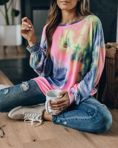 Women's Casual Tie Dye Waffle Knit Sweatshirt Loose Drop Shoulder Long Sleeve Pullover Multicolor Oversized Homewear Top
