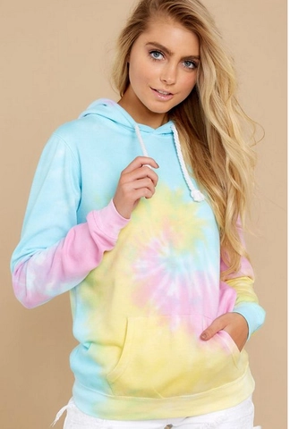 Women's Casual Tie Dye Pullover Hoodie Long Sleeve Drawstring Sweatshirt With Kangaroo Pocket Spiral Print Hooded Top