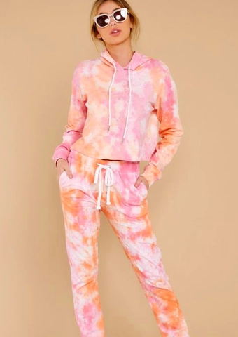 Women Casual Tie Dye Two Piece Set Short Hoodie And Long Jogger Pants Loungewear Athleisure Tracksuit Sweatshirt Outfit