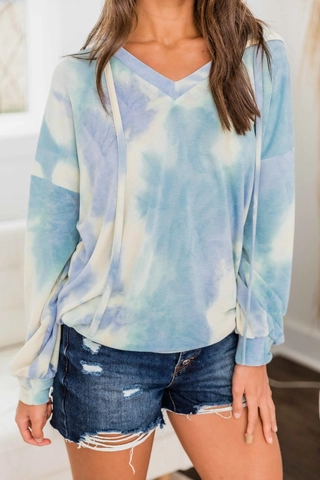 Women's Casual Tie Dye V Neck Long Sleeve Hoodie Sweatshirt Loose Drawstring Pullover Top For Daily Home Wear