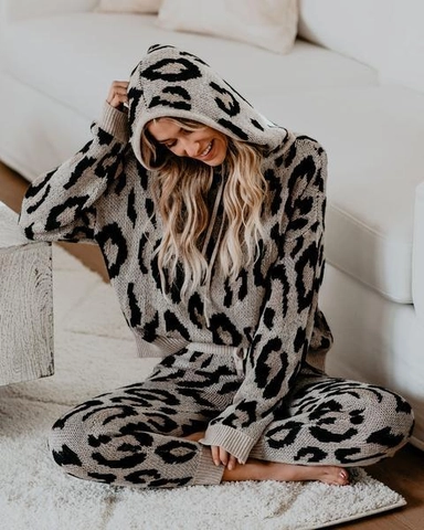 Conjunto de Ropa de Estar por Casa de Punto con Estampado de Leopardo para Mujer Sudadera con Capucha y Pantalones