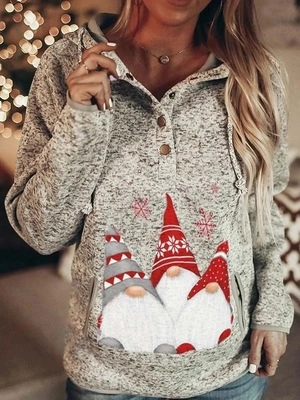 Women Christmas Gnome Print Button Hoodie Loose Long Sleeve Sweatshirt With Pocket Grey Winter Holiday Casual Pullover Top
