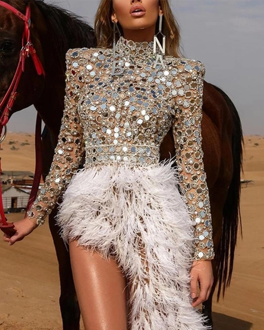 Abito Sexy da Donna con Paillettes e Piume Mini Abito a Maniche Lunghe con Glitter per Banchetti e Feste