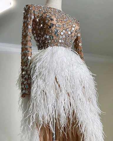 Abito Sexy da Donna con Paillettes e Piume Mini Abito a Maniche Lunghe con Glitter per Banchetti e Feste