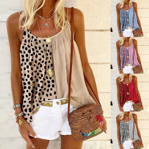 Women Bohemian Leopard Polka Dot Patchwork Camisole Ruffle Sleeveless Loose Vacation Beach Summer Tank Top Shirt