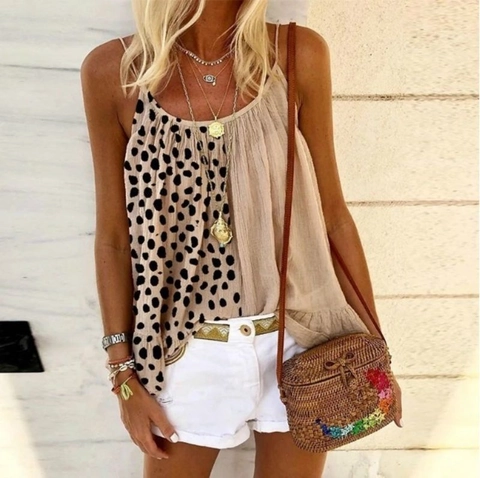 Women Bohemian Leopard Polka Dot Patchwork Camisole Ruffle Sleeveless Loose Vacation Beach Summer Tank Top Shirt