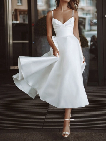 Women Elegant White Satin Strap V-Neck Maxi Dress Back Button A-Line Swing Party Wedding Prom Evening Gown With Pockets