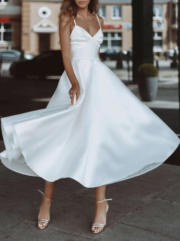 Women Elegant White Satin Strap V-Neck Maxi Dress Back Button A-Line Swing Party Wedding Prom Evening Gown With Pockets