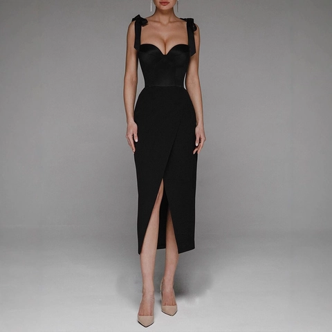 Abito Midi Elegante Da Donna Con Spalline Con Fiocco E Spacco Sexy Scollo A Cuore Schiena Scoperta Bodycon Polyester Abito Da Sera