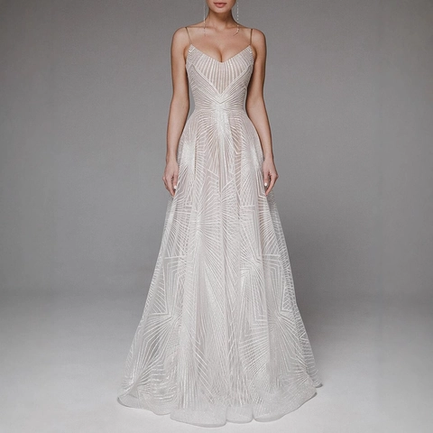 Élégante Robe de Soirée à Paillettes Bretelles Spaghetti Décolleté en V Profond Dos Nu Coupe en A Longue pour Mariage Femme