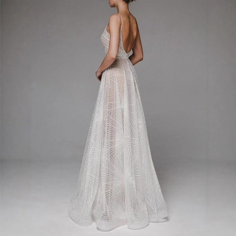 Élégante Robe de Soirée à Paillettes Bretelles Spaghetti Décolleté en V Profond Dos Nu Coupe en A Longue pour Mariage Femme
