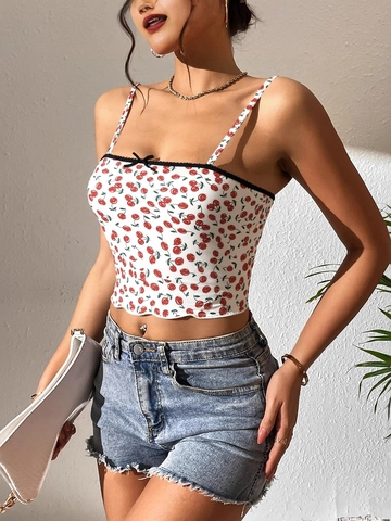 Canottiera con Stampa a Ciliegie Bordo in Pizzo Fiocco Crop Top Aderente Estivo Senza Maniche per Donna Stile Dolce Sexy Casual