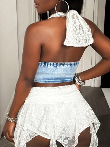 Ensemble Jupe Avec Top Licou En Dentelle Et Corset En Denim Patchwork Boutonnage Simple Dos Nu Boho Tenue De Fête Été
