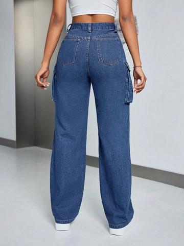 Damen Casual Denim Cargo Hose Hohe Taille Gerade Weites Bein Jeans Große Taschen Locker Streetwear Baumwollmischung Blau